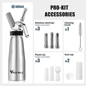 ECO-WILL Professional Whipped Cream Dispenser, Durable Aluminum Cream Whipper with 2 Sets of Stainless Steel and Plastic Tips & Cleaning Brush,1-Pint / 500 mL, Homemade Cream Maker