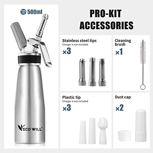 ECO-WILL Professional Whipped Cream Dispenser, Durable Aluminum Cream Whipper with 2 Sets of Stainless Steel and Plastic Tips & Cleaning Brush,1-Pint / 500 mL, Homemade Cream Maker