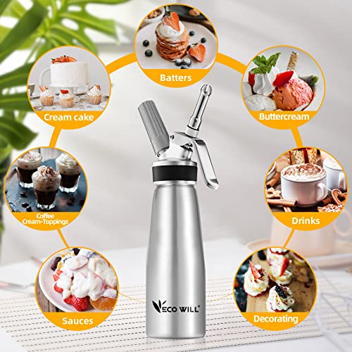 ECO-WILL Professional Whipped Cream Dispenser, Durable Aluminum Cream Whipper with 2 Sets of Stainless Steel and Plastic Tips & Cleaning Brush,1-Pint / 500 mL, Homemade Cream Maker