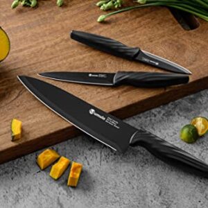 Mumulo Kitchen knife, Chef Knife Set With Sheath, German Stainless Steel Kitchen Knife Set, 6Pcs, 8 Inch Chef’s Knife & 4.5 Inch Utility Knife & 4 Inch Paring Knife & 3 Matching Knife Covers, Black.