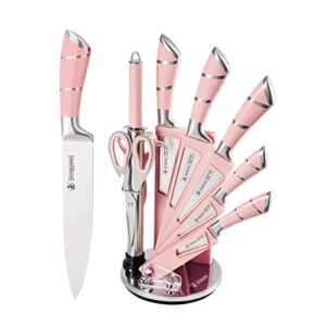 kitchen knife set, retrosohoo 9-pieces pink sharp non-stick coated chef knives block set ,stainless steel knife set for kitchen with sharpener for cutting slicing dicing chopping (pink)