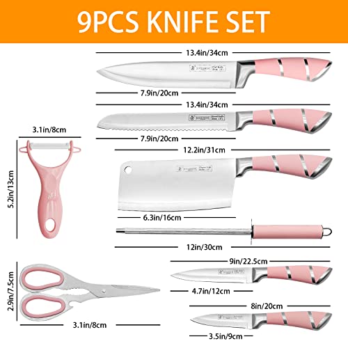 Kitchen Knife Set, Retrosohoo 9-Pieces Pink Sharp Non-Stick Coated Chef Knives Block Set ,Stainless Steel Knife Set for Kitchen with Sharpener for Cutting Slicing Dicing Chopping (Pink)