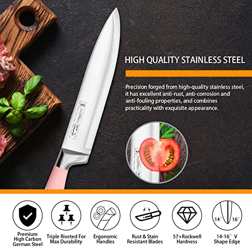 Kitchen Knife Set, Retrosohoo 9-Pieces Pink Sharp Non-Stick Coated Chef Knives Block Set ,Stainless Steel Knife Set for Kitchen with Sharpener for Cutting Slicing Dicing Chopping (Pink)
