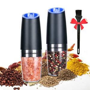 2 pack gravity electric salt and pepper grinder set automatic battery powered salt mill, adjustable coarseness, with blue led light, one hand operated