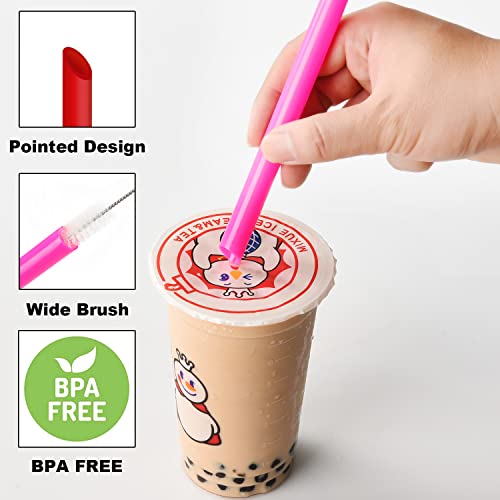 ALINK 12 PCS Reusable Boba Straws, 13 mm x 10.5 inch Long Wide Colored Plastic Smoothie Straws for Bubble Tea, Tapioca Pearls with 2 Cleaning Brush - Pointed Design