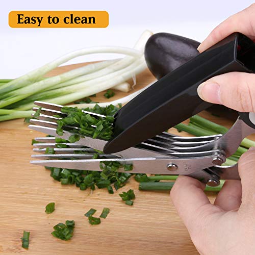 Joyoldelf Gourmet Herb Scissors Set - Master Culinary Multipurpose Cutting Shears with Stainless Steel 5 Blades, Herb Stripper, Safety Cover and Cleaning Comb for Cutting Cilantro Onion Salad