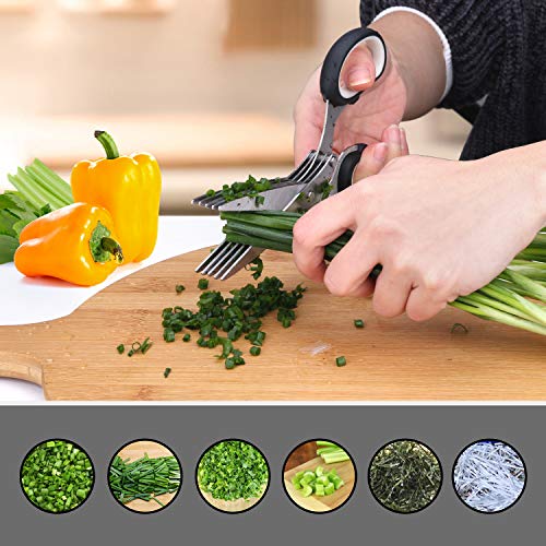 Joyoldelf Gourmet Herb Scissors Set - Master Culinary Multipurpose Cutting Shears with Stainless Steel 5 Blades, Herb Stripper, Safety Cover and Cleaning Comb for Cutting Cilantro Onion Salad