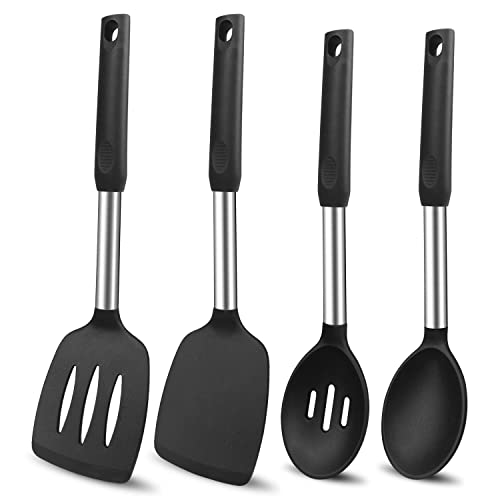 Silicone Cooking Spatulas and Spoons, 4 Pack Heat Resistant Silicone Cooking Utensils Set, Non Stick Large Kitchen Silicone Spatula and Spoons for Cooking, Mixing, Serving, Draining, Black