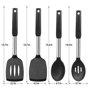 Silicone Cooking Spatulas and Spoons, 4 Pack Heat Resistant Silicone Cooking Utensils Set, Non Stick Large Kitchen Silicone Spatula and Spoons for Cooking, Mixing, Serving, Draining, Black