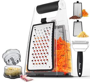 joined cheese grater with container - box grater cheese shredder lemon zester - cheese grater with handle - graters for kitchen stainless steel food grater - garlic mincer tool and vegetable peeler