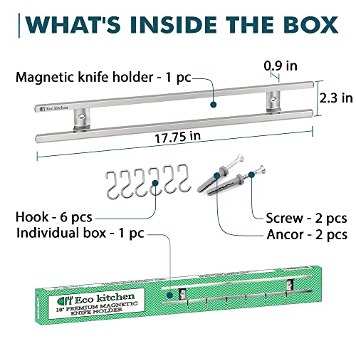 Magnetic Knife Holder for Wall - Stainless Steel Knife Magnetic Strip 18 Inch - Wall Knife Magnet Bar Rack With Hooks