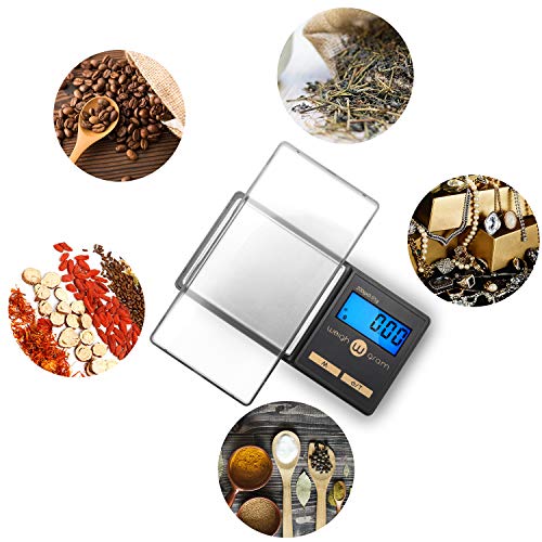 Gram Scale 200g/ 0.01g, Mini Pocket Scale for Jewelry Digital Food Kitchen Scale with Tare and 100g Calibration Weight Scale Electronic Smart Scale, 6 Units, LCD Backlit Display, Tare, Auto Off