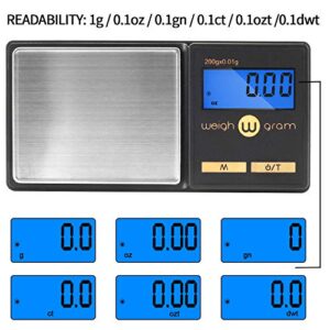 Gram Scale 200g/ 0.01g, Mini Pocket Scale for Jewelry Digital Food Kitchen Scale with Tare and 100g Calibration Weight Scale Electronic Smart Scale, 6 Units, LCD Backlit Display, Tare, Auto Off