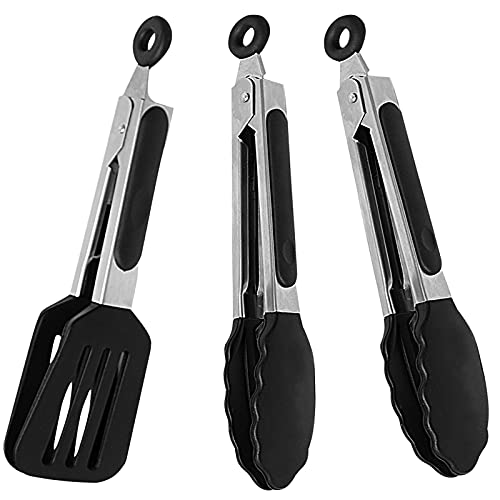 Mini Silicone Serving Tongs Set of 3 - Non-stick Small Kitchen Tongs (7 inch) with Silicone Tips and Stainless Steel Handle, Cooking Tongs for Salads, Pasta, Steaks, Vegetables