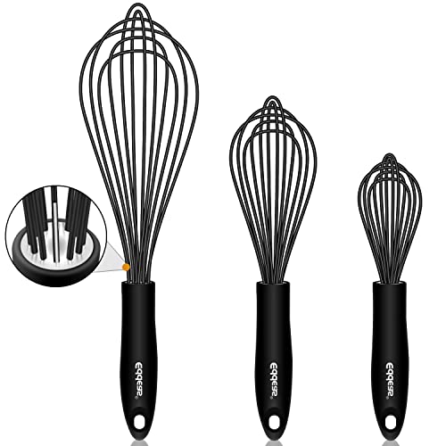 Silicone Whisk, Eddeas Stainless Steel & Silicone Non-Stick Coated Whisks set of 3--Heat Resistant Kitchen Whisks, Balloon Egg Beater Perfect for Blending, Whisking, Beating & Stirring, Black