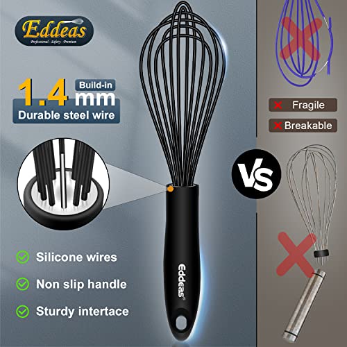 Silicone Whisk, Eddeas Stainless Steel & Silicone Non-Stick Coated Whisks set of 3--Heat Resistant Kitchen Whisks, Balloon Egg Beater Perfect for Blending, Whisking, Beating & Stirring, Black