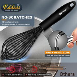 Silicone Whisk, Eddeas Stainless Steel & Silicone Non-Stick Coated Whisks set of 3--Heat Resistant Kitchen Whisks, Balloon Egg Beater Perfect for Blending, Whisking, Beating & Stirring, Black