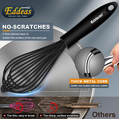 Silicone Whisk, Eddeas Stainless Steel & Silicone Non-Stick Coated Whisks set of 3--Heat Resistant Kitchen Whisks, Balloon Egg Beater Perfect for Blending, Whisking, Beating & Stirring, Black