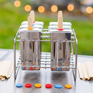 Ecozoi Stainless Steel Popsicle Molds and Rack - 6 Square Ice Pop Makers + 30 Reusable Bamboo Sticks + 12 Silicone Seals + 1 Cleaning Brush +1 Rack