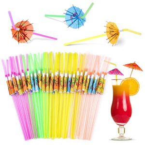 hawaiian party straws, paxcoo 50pcs umbrella straws for cocktails, drink umbrella straws for tropical hawaiian luau party decorations (assorted colors)