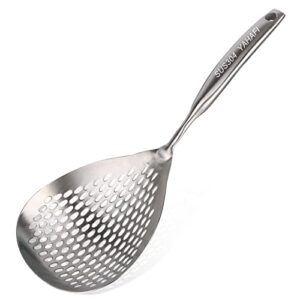 skimmer slotted spoon - yahafi 304 stainless steel food grade filter spoon with comfort handle and hanging holes, spider strainer skimmer for kitchen cooking draining and frying (15 inch)