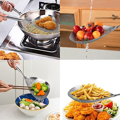 Skimmer Slotted Spoon - YAHAFI 304 Stainless Steel Food Grade Filter Spoon with Comfort Handle and Hanging Holes, Spider Strainer Skimmer for Kitchen Cooking Draining and Frying (15 Inch)