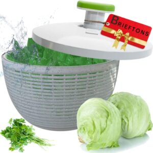 brieftons 6.2-quart large salad spinner: vegetable washer dryer drainer strainer with bowl & colander, easy one-handed pump, compact storage, for washing, cleaning & drying greens, vegetables, fruits