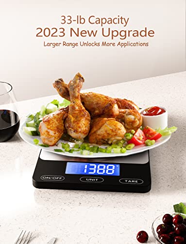 Food Scale -33lb Digital Kitchen Scale for Food Ounces Grams Rechargeable 304 Stainless Steel,Batteries and Type-C Charging | Perfect for Meal Prep, Cooking, and Baking