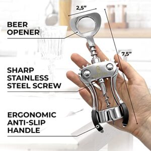 Premium Wine Opener, Wing Corkscrew - Made w/Heavy Duty Stainless Steel Screw & Zinc Alloy Body - Perfect Corkscrew to Open Wine & Beer Bottles - Great Bootle Opener For Bartenders, Restaurants & Home