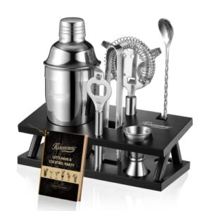 kitessensu 6-piece bar set cocktail shaker set - mixology bartender kit with stand - silver bar kit for drink mixing - bar tools: martini shaker, jigger, strainer, bar spoon, tongs, opener