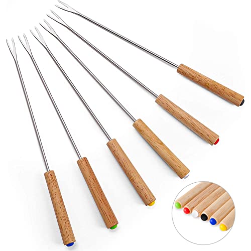 Set of 6 Stainless Steel Fondue Forks Wood Handle Heat Resistant 9.5 Inches - for Chocolate Fountain Cheese Fondue by Sago Brothers