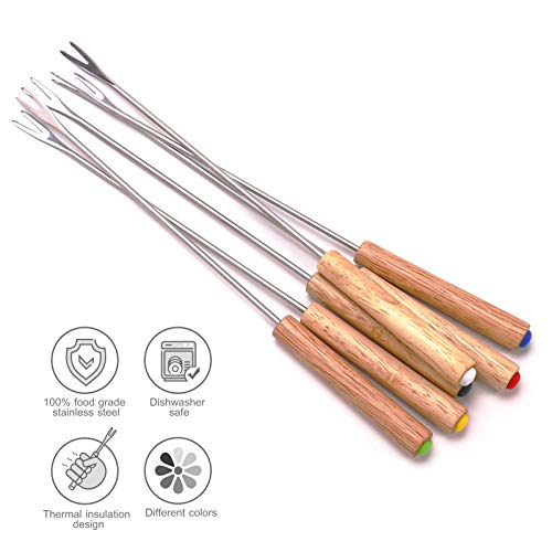 Set of 6 Stainless Steel Fondue Forks Wood Handle Heat Resistant 9.5 Inches - for Chocolate Fountain Cheese Fondue by Sago Brothers