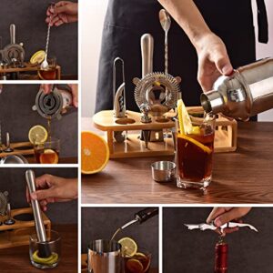 Cocktail Shaker Set Bartender Kit : 12-Piece Bar Tool Set with Bamboo Stand | Bar Set with All Practical Bar Accessories, for Drink Mixing, Bar, Home, Lounge & Party (Silver)