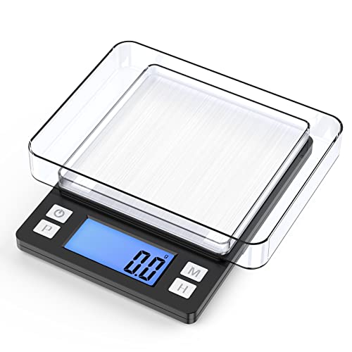 BOMATA Upgraded Small Food Scale with New Hold Function and Larger Display, 3000g/0.1g High Accuracy Digital Scale Grams and oz for Kitchen, Small Item, Jewelry, (2 Trays & Batteries Included)