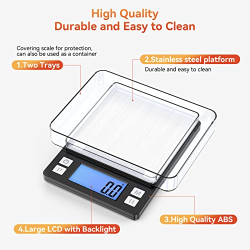 BOMATA Upgraded Small Food Scale with New Hold Function and Larger Display, 3000g/0.1g High Accuracy Digital Scale Grams and oz for Kitchen, Small Item, Jewelry, (2 Trays & Batteries Included)