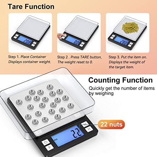 BOMATA Upgraded Small Food Scale with New Hold Function and Larger Display, 3000g/0.1g High Accuracy Digital Scale Grams and oz for Kitchen, Small Item, Jewelry, (2 Trays & Batteries Included)