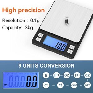 BOMATA Upgraded Small Food Scale with New Hold Function and Larger Display, 3000g/0.1g High Accuracy Digital Scale Grams and oz for Kitchen, Small Item, Jewelry, (2 Trays & Batteries Included)