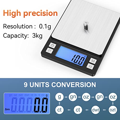 BOMATA Upgraded Small Food Scale with New Hold Function and Larger Display, 3000g/0.1g High Accuracy Digital Scale Grams and oz for Kitchen, Small Item, Jewelry, (2 Trays & Batteries Included)