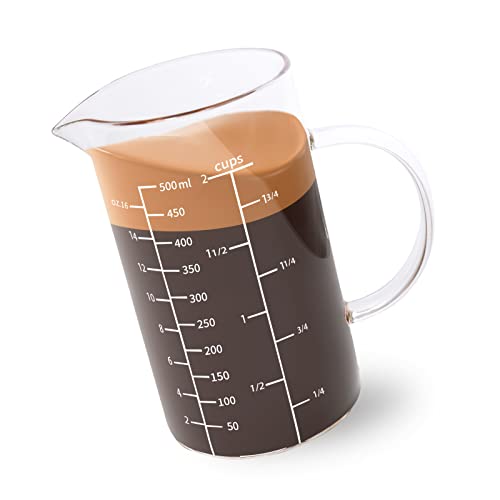 Newness Glass Measuring Cup with Handle, 500 ML (0.5 Liter, 2 Cup) Measuring Cup with Three Scales (OZ, Cup, ML/CC) and V-Shaped Spout, Measuring Beaker for Kitchen or Restaurant, Easy to Read