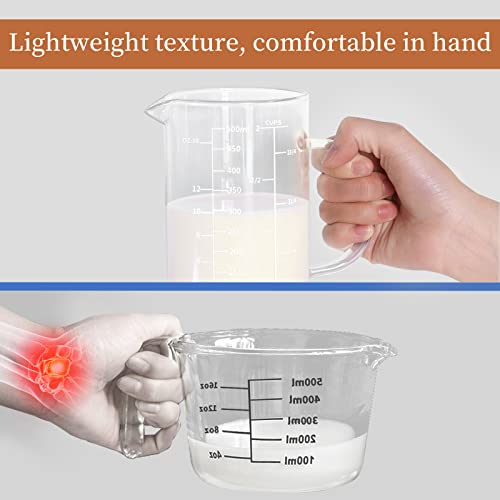 Newness Glass Measuring Cup with Handle, 500 ML (0.5 Liter, 2 Cup) Measuring Cup with Three Scales (OZ, Cup, ML/CC) and V-Shaped Spout, Measuring Beaker for Kitchen or Restaurant, Easy to Read
