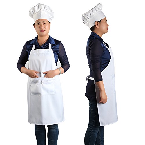 yotache Chef Apron Set, Chef Hat and Kitchen Apron Adult Adjustable White Apron Baker Costume for Men and Women, 1 Set (33" L x 26" W)