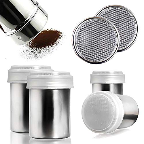 HANSGO 2 Set Powder Suger Shakers, Stainless Steel Powder Shaker Mesh Shaker Powder Cans for Salt Coffee Cocoa Cinnamon Powder Seasoning Cans with Lid