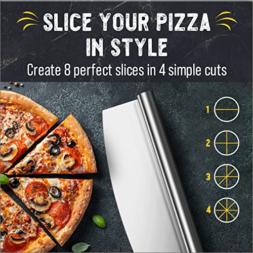 Checkered Chef Pizza Cutter - Sharp Stainless Steel Rocker Knife w/Plastic Blade Sheath - Dishwasher Safe, Outdoor Pizza Oven Accessories - 14 Inch