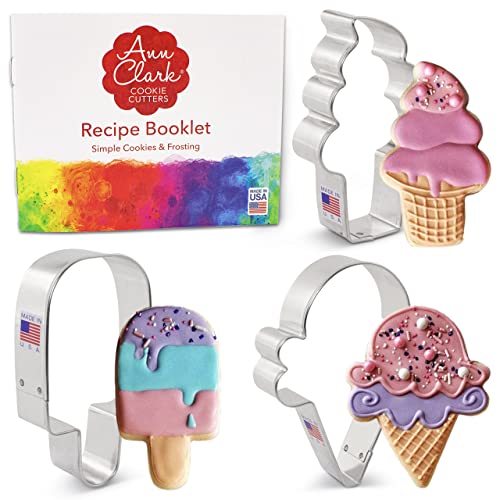 Ann Clark Cookie Cutters 3-Piece Ice Cream Cookie Cutter Set with Recipe Booklet, Popsicle, Hard and Soft Ice Cream Cone