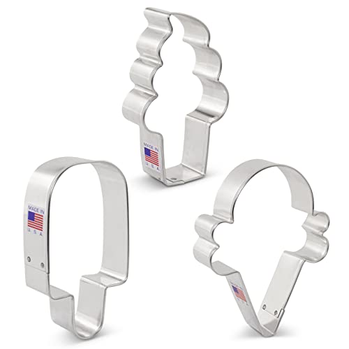 Ann Clark Cookie Cutters 3-Piece Ice Cream Cookie Cutter Set with Recipe Booklet, Popsicle, Hard and Soft Ice Cream Cone
