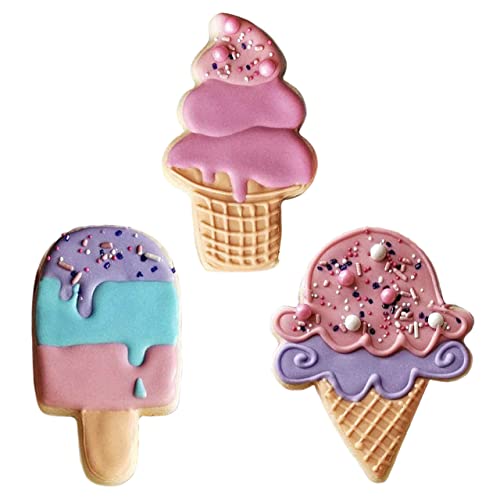 Ann Clark Cookie Cutters 3-Piece Ice Cream Cookie Cutter Set with Recipe Booklet, Popsicle, Hard and Soft Ice Cream Cone