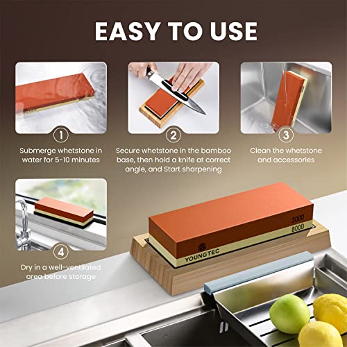 Professional Knife Sharpening Stone Kit – 400/1000 and 3000/8000 Grit Whetstone, Chef Knife Sharpener Knife Sharpener Stone-Includes Bamboo Base, Flattening Stone, Leather Strop & Angle Guide