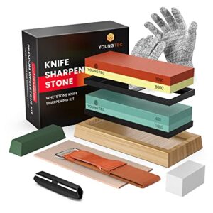 professional knife sharpening stone kit – 400/1000 and 3000/8000 grit whetstone, chef knife sharpener knife sharpener stone-includes bamboo base, flattening stone, leather strop & angle guide