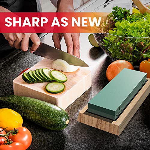 Professional Knife Sharpening Stone Kit – 400/1000 and 3000/8000 Grit Whetstone, Chef Knife Sharpener Knife Sharpener Stone-Includes Bamboo Base, Flattening Stone, Leather Strop & Angle Guide