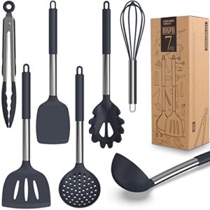 dishwasher safe silicone cooking utensils - heat resistant kitchen utensil set with stainless steel handle, spatula,turner, slotted spoon,tong, kitchen gadgets for non-stick cookware, bpa free (grey)